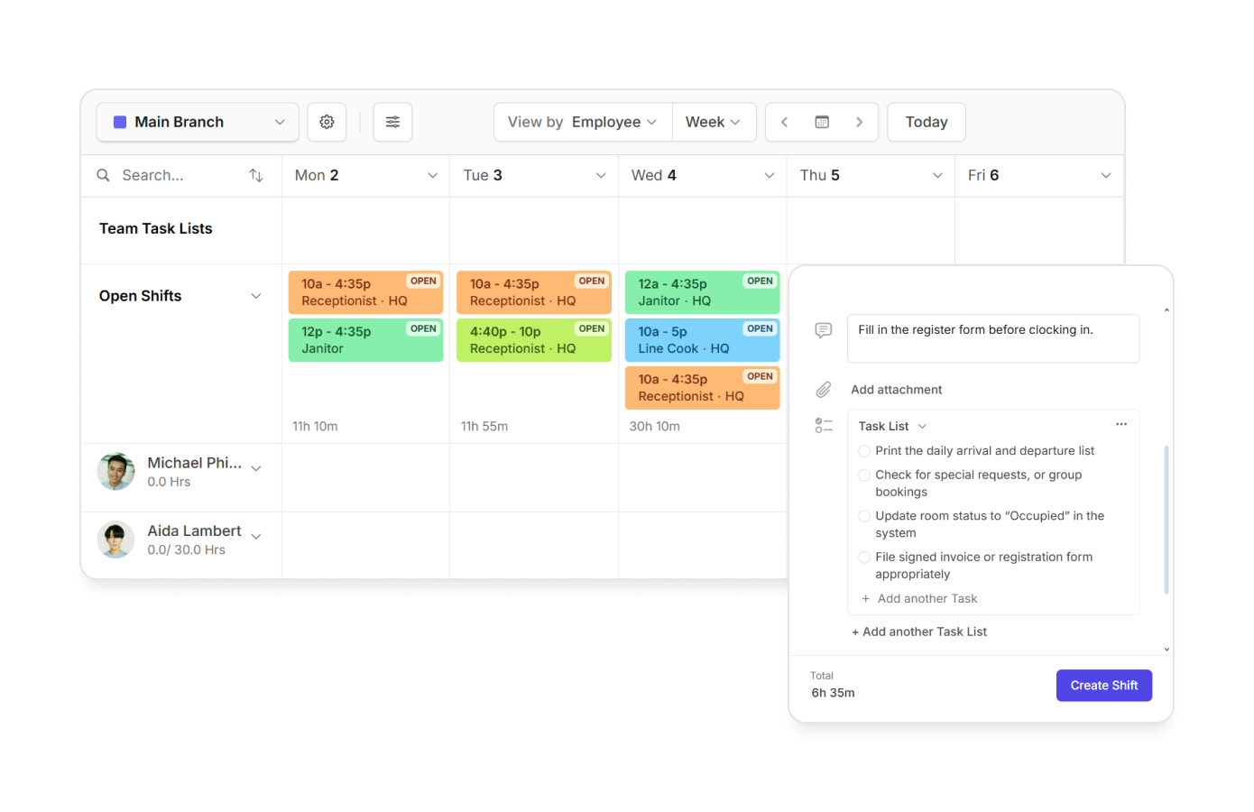 Open shift and task list on Camelo